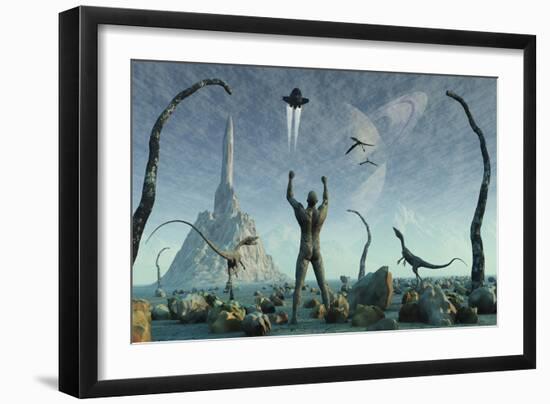 The First Man, Adam, Greets the Return of His Creators in a Prehistoric Garden of Eden-null-Framed Art Print