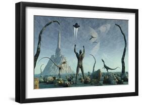 The First Man, Adam, Greets the Return of His Creators in a Prehistoric Garden of Eden-null-Framed Art Print