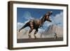 The First Man, Adam, Kneels Down before the Famous T-Rex Dinosaur-null-Framed Art Print