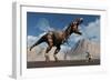 The First Man, Adam, Kneels Down before the Famous T-Rex Dinosaur-null-Framed Art Print