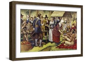 The First Thanksgiving in 1621, a Year after the Pilgrim Fathers Had Left the Old World-Mike White-Framed Giclee Print
