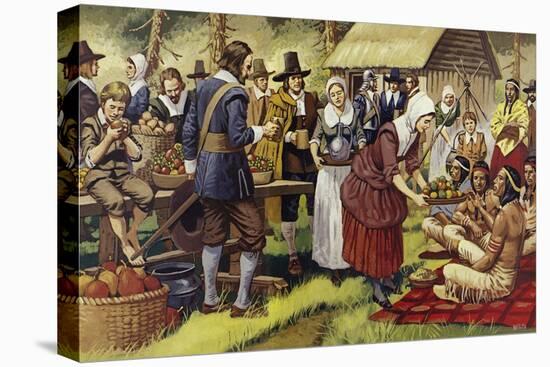 The First Thanksgiving in 1621, a Year after the Pilgrim Fathers Had Left the Old World-Mike White-Stretched Canvas