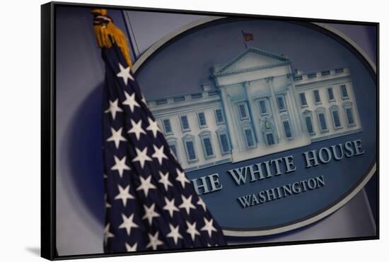 The Flag and Seal at a White House Press Briefing-Dennis Brack-Framed Stretched Canvas