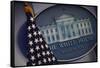 The Flag and Seal at a White House Press Briefing-Dennis Brack-Framed Stretched Canvas