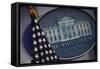 The Flag and Seal at a White House Press Briefing-Dennis Brack-Framed Stretched Canvas