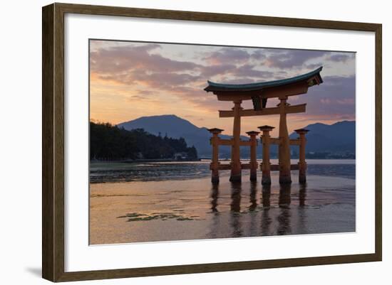 The Floating Miyajima Torii Gate of Itsukushima Shrine at Sunset-Stuart Black-Framed Photographic Print