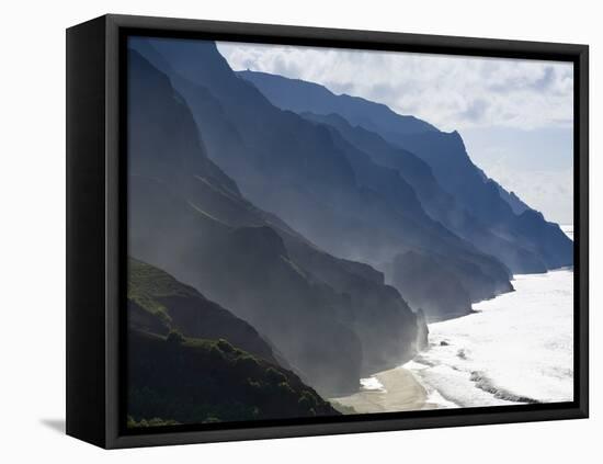 The Fluted Ridges of the Na Pali Coast Above the Crashing Surf on the North Shore of Kauai, Hawaii.-Sergio Ballivian-Framed Stretched Canvas