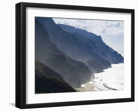 The Fluted Ridges of the Na Pali Coast Above the Crashing Surf on the North Shore of Kauai, Hawaii.-Sergio Ballivian-Framed Photographic Print