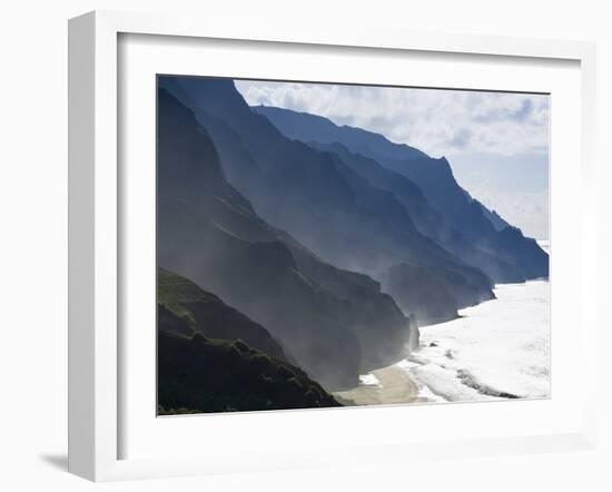 The Fluted Ridges of the Na Pali Coast Above the Crashing Surf on the North Shore of Kauai, Hawaii.-Sergio Ballivian-Framed Photographic Print