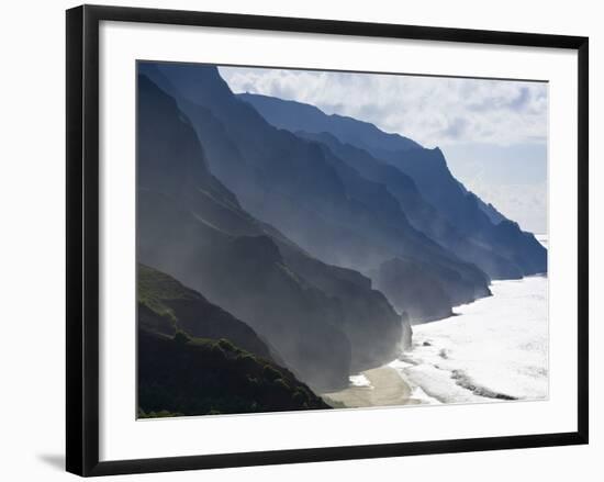 The Fluted Ridges of the Na Pali Coast Above the Crashing Surf on the North Shore of Kauai, Hawaii.-Sergio Ballivian-Framed Photographic Print