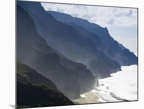 The Fluted Ridges of the Na Pali Coast Above the Crashing Surf on the North Shore of Kauai, Hawaii.-Sergio Ballivian-Mounted Photographic Print