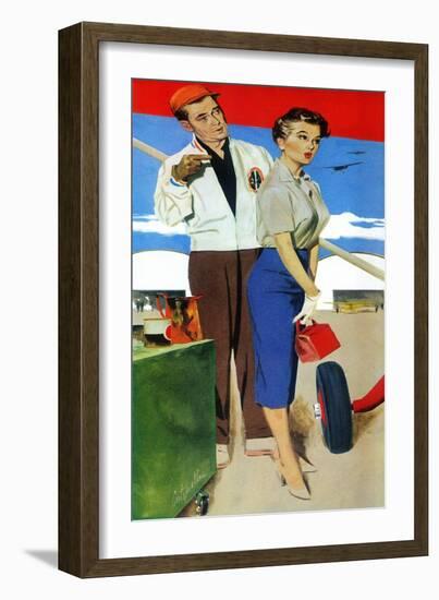 The Flying Wife - Saturday Evening Post "Men at the Top", August 16, 1958 pg.31-Fritz Willis-Framed Giclee Print