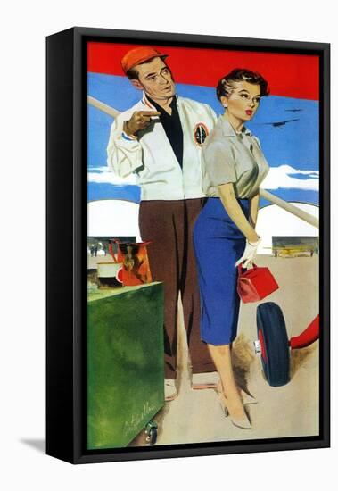 The Flying Wife - Saturday Evening Post "Men at the Top", August 16, 1958 pg.31-Fritz Willis-Framed Stretched Canvas