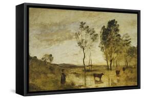 The Ford, Cows on the Edge of a Ford-Jean-Baptiste-Camille Corot-Framed Stretched Canvas