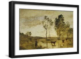 The Ford, Cows on the Edge of a Ford-Jean-Baptiste-Camille Corot-Framed Giclee Print