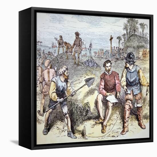 The Founding of St. Augustine in Florida by the Spanish in 1565 (Colour Litho)-American-Framed Stretched Canvas