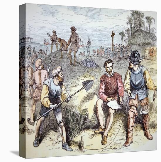 The Founding of St. Augustine in Florida by the Spanish in 1565 (Colour Litho)-American-Stretched Canvas
