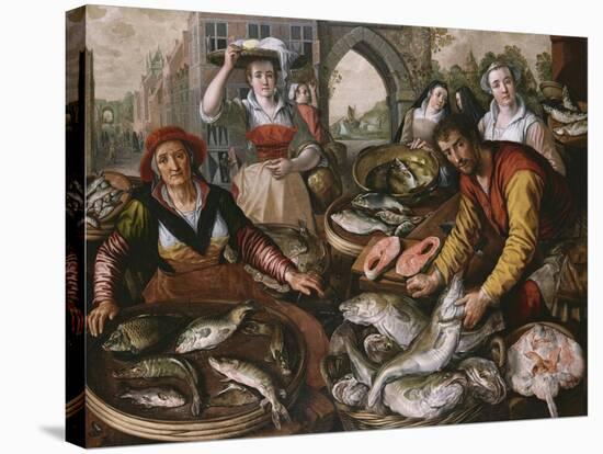 The Four Elements: a Fishmonger's Stall in a Town with the Miraculous Draught of Fishes Beyond -…-Joachim Beuckelaer-Stretched Canvas