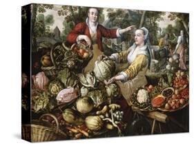 The Four Elements: A Greengrocer's Stall with the Flight Into Egypt Beyond-Joachim Beuckelaer-Stretched Canvas