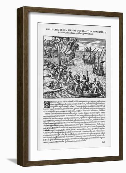 The French Sack Loot and Burn the Spanish-Held Town of Chorera-Theodor de Bry-Framed Art Print