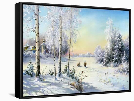 The Frozen Lake In Winter Village-balaikin2009-Framed Stretched Canvas
