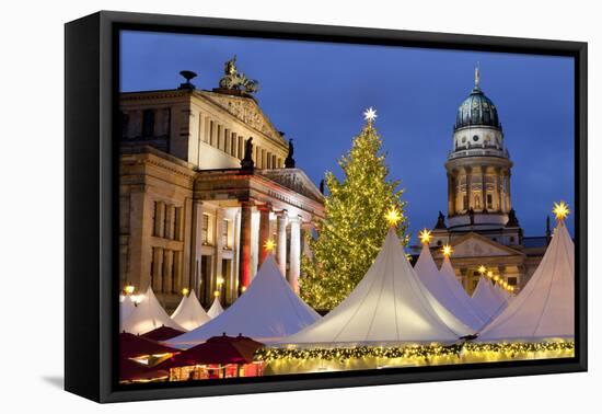 The Gendarmenmarkt Christmas Market, Theatre, and French Cathedral, Berlin, Germany, Europe-Miles Ertman-Framed Stretched Canvas