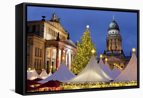 The Gendarmenmarkt Christmas Market, Theatre, and French Cathedral, Berlin, Germany, Europe-Miles Ertman-Framed Stretched Canvas