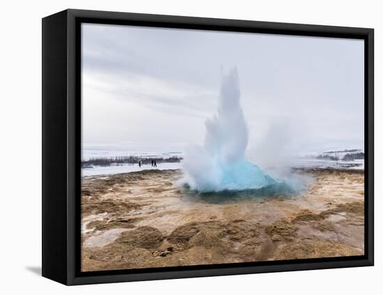 The Geothermal Area Haukadalur, Part of Tourist Route Golden Circle During Winter. Geysir Strokkur-Martin Zwick-Framed Stretched Canvas