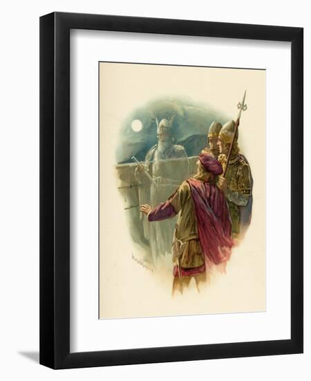 The Ghost of Hamlet's Father Appears on the Battlements of Elsinore and Alarms the Sentries-Harold Copping-Framed Art Print