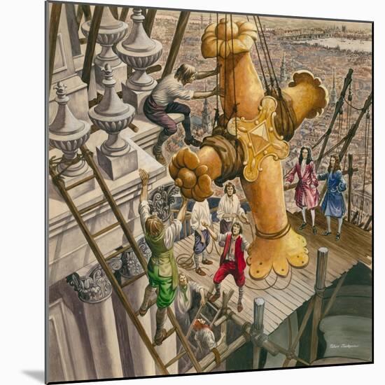 The Golden Cross Being Placed on the Top of St Paul's Cathedral-Peter Jackson-Mounted Giclee Print