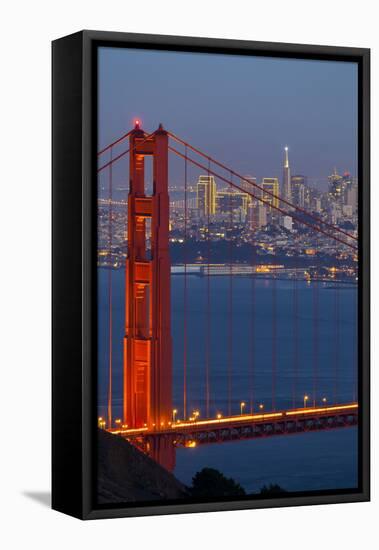 The Golden Gate Bridge and San Francisco Skyline at Night-Miles-Framed Stretched Canvas