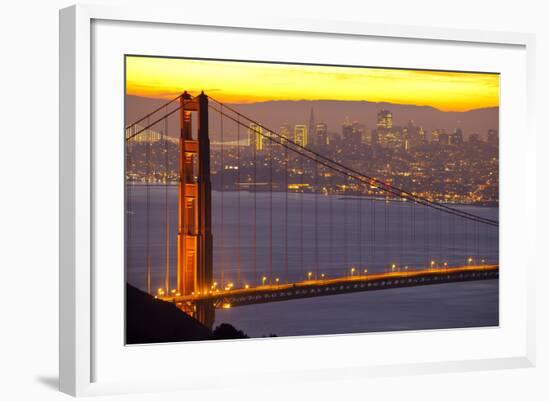 The Golden Gate Bridge and San Francisco Skyline at Sunrise-Miles-Framed Photographic Print