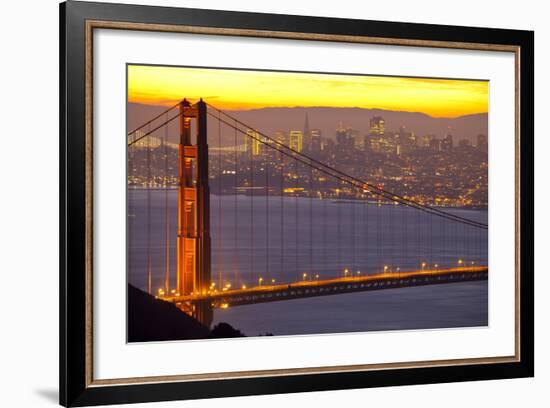 The Golden Gate Bridge and San Francisco Skyline at Sunrise-Miles-Framed Photographic Print