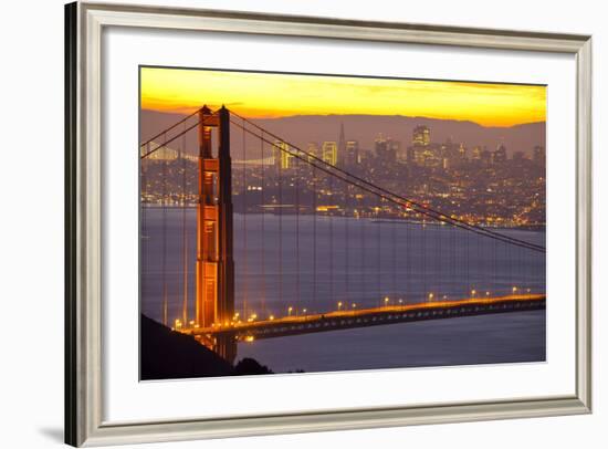 The Golden Gate Bridge and San Francisco Skyline at Sunrise-Miles-Framed Photographic Print