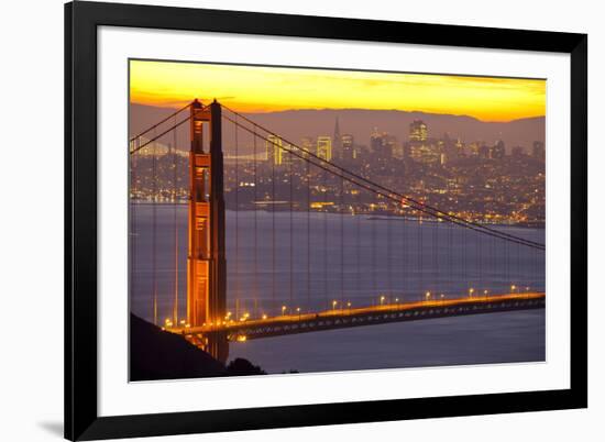 The Golden Gate Bridge and San Francisco Skyline at Sunrise-Miles-Framed Photographic Print