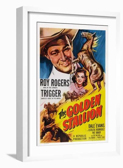 The Golden Stallion, from Top: Roy Rogers, Dale Evans, Trigger (Far Right), 1949-null-Framed Art Print
