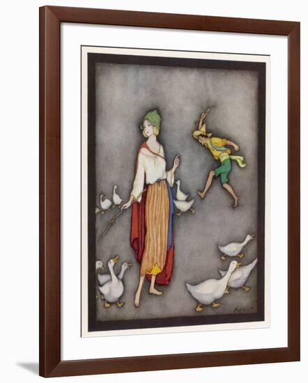 The Goose Girl Brings Her Geese into Line-Jennie Harbour-Framed Art Print