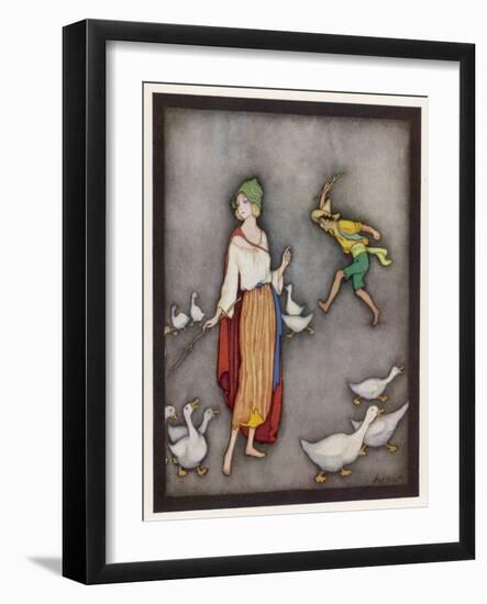 The Goose Girl Brings Her Geese into Line-Jennie Harbour-Framed Art Print