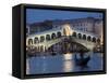 The Grand Canal, the Rialto Bridge and Gondolas at Night, Venice, Veneto, Italy-Christian Kober-Framed Stretched Canvas