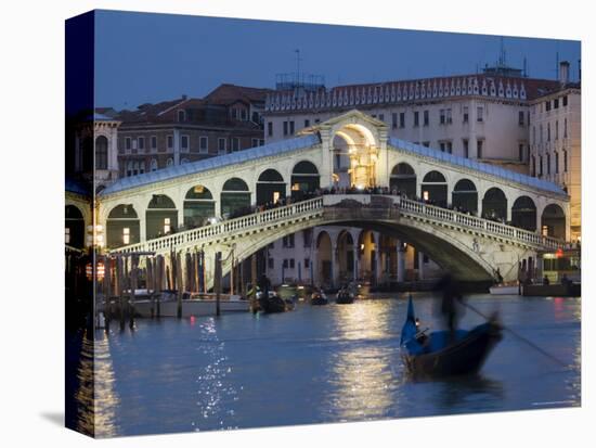 The Grand Canal, the Rialto Bridge and Gondolas at Night, Venice, Veneto, Italy-Christian Kober-Stretched Canvas