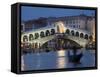 The Grand Canal, the Rialto Bridge and Gondolas at Night, Venice, Veneto, Italy-Christian Kober-Framed Stretched Canvas