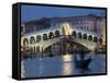 The Grand Canal, the Rialto Bridge and Gondolas at Night, Venice, Veneto, Italy-Christian Kober-Framed Stretched Canvas