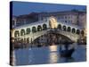 The Grand Canal, the Rialto Bridge and Gondolas at Night, Venice, Veneto, Italy-Christian Kober-Stretched Canvas