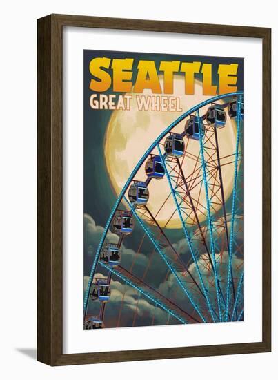 The Great Wheel and Full Moon - Seattle, Washington-Lantern Press-Framed Art Print