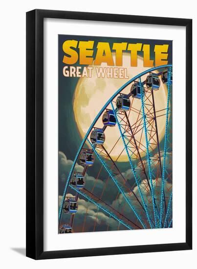 The Great Wheel and Full Moon - Seattle, Washington-Lantern Press-Framed Art Print