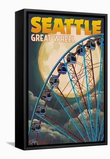 The Great Wheel and Full Moon - Seattle, Washington-Lantern Press-Framed Stretched Canvas