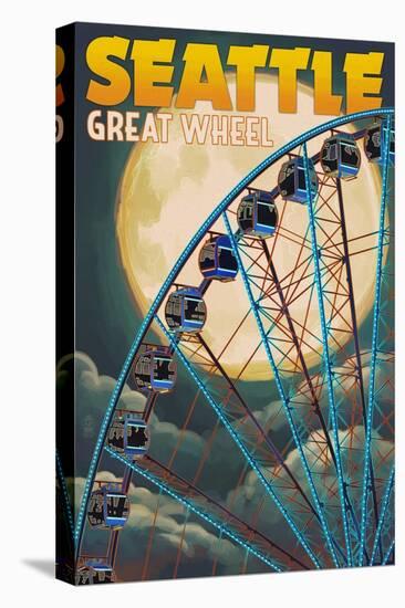 The Great Wheel and Full Moon - Seattle, Washington-Lantern Press-Stretched Canvas
