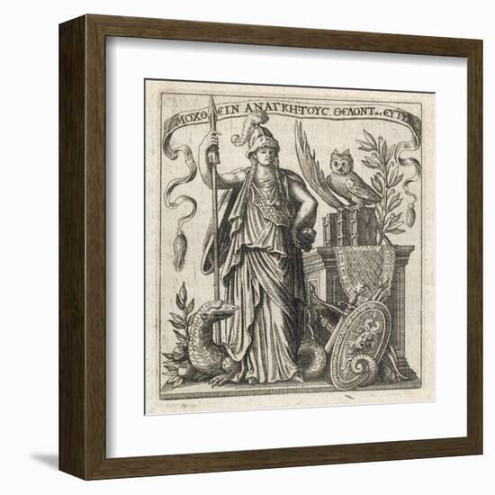 The Greek Goddess of Wisdom with Her Owl and a a Dragon-null-Framed Art Print