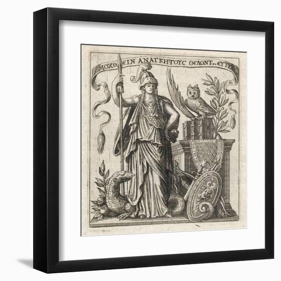 The Greek Goddess of Wisdom with Her Owl and a a Dragon-null-Framed Art Print