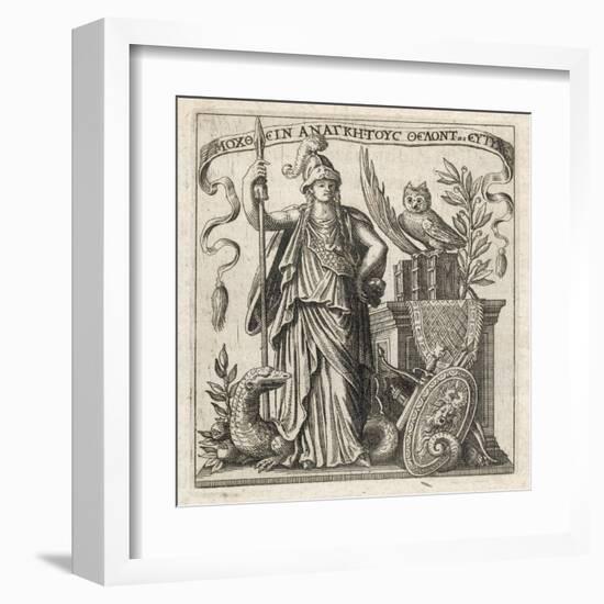 The Greek Goddess of Wisdom with Her Owl and a a Dragon-null-Framed Art Print